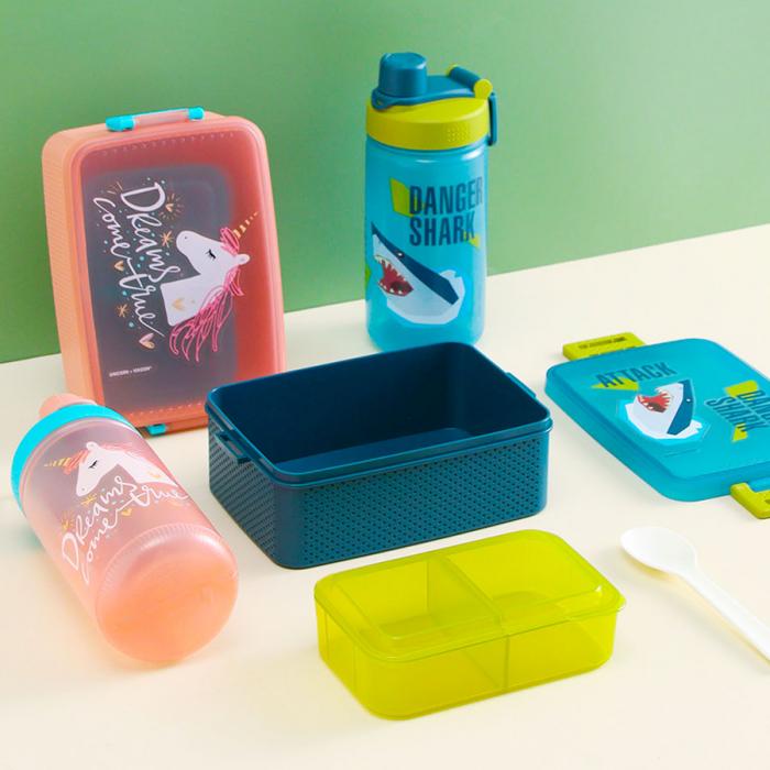 童彩3格飯盒+運(yùn)動(dòng)水壺套裝(含內(nèi)盒800ml+500